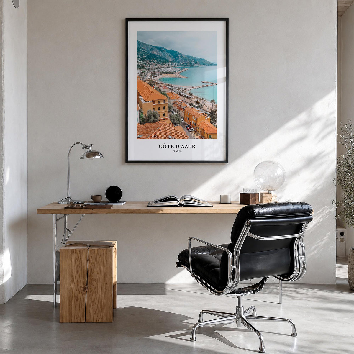 Côte d'Azur no. 1 colorful classic poster of France – vertical wall art in black wood frame, hanging on wall