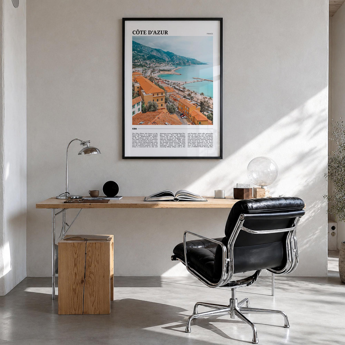 Côte d'Azur no. 1 colorful travel poster of France – vertical wall art in black wood frame, hanging on wall