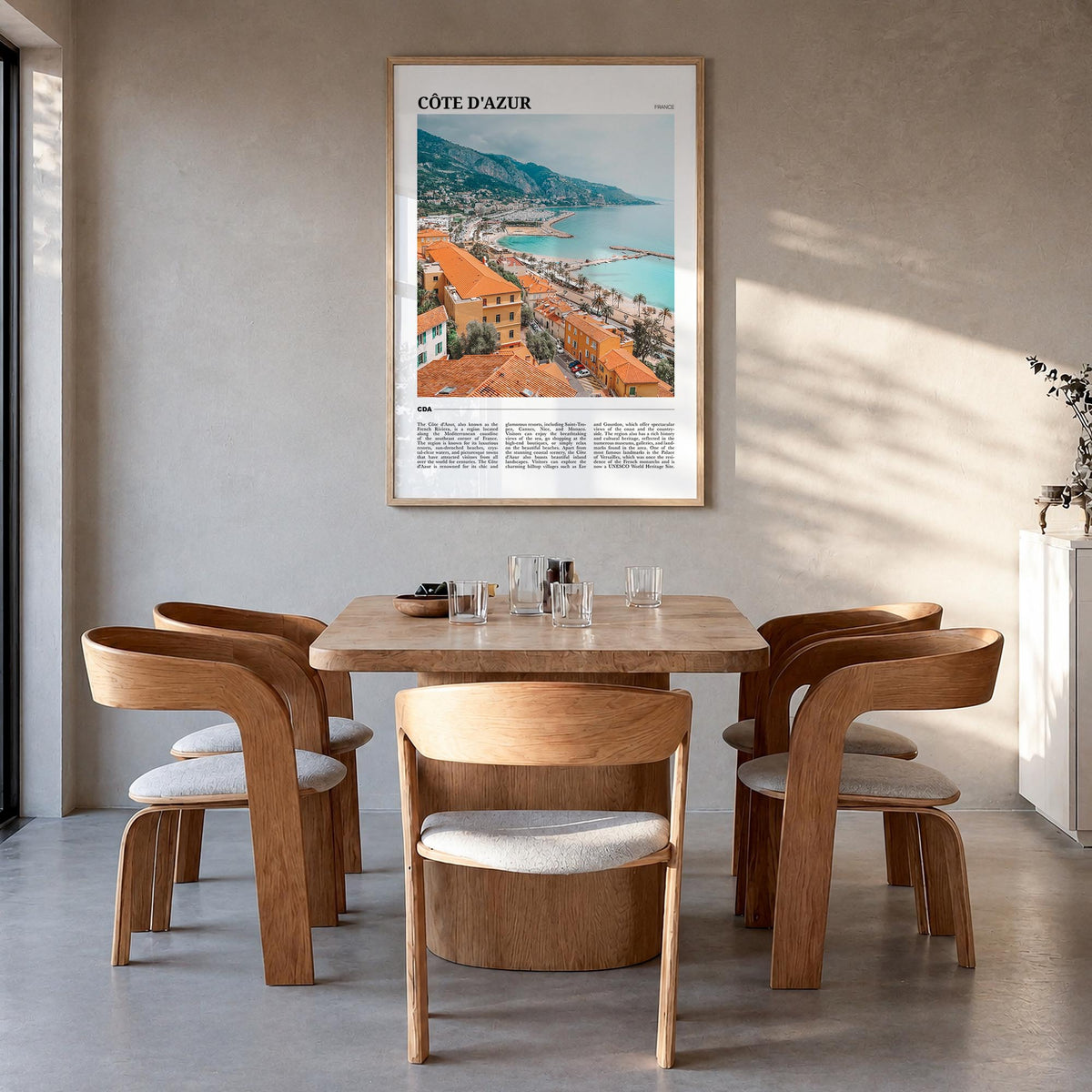 Côte d'Azur no. 1 colorful travel poster of France – vertical wall art in natural wood frame, hanging on wall