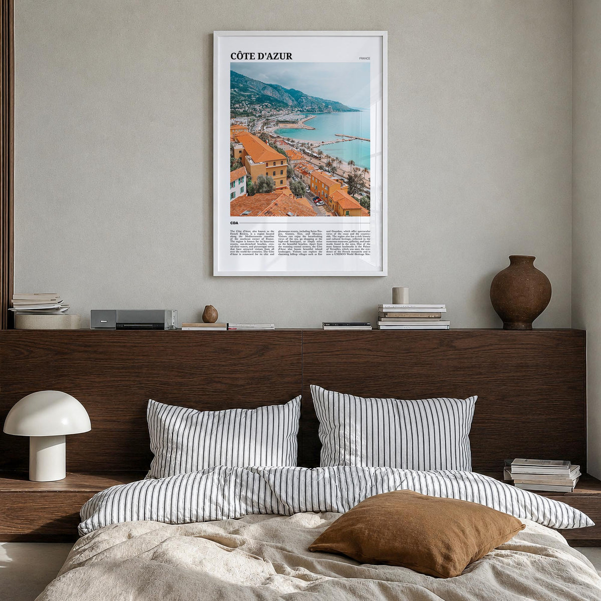 Côte d'Azur no. 1 colorful travel poster of France – vertical wall art in white wood frame, hanging on wall