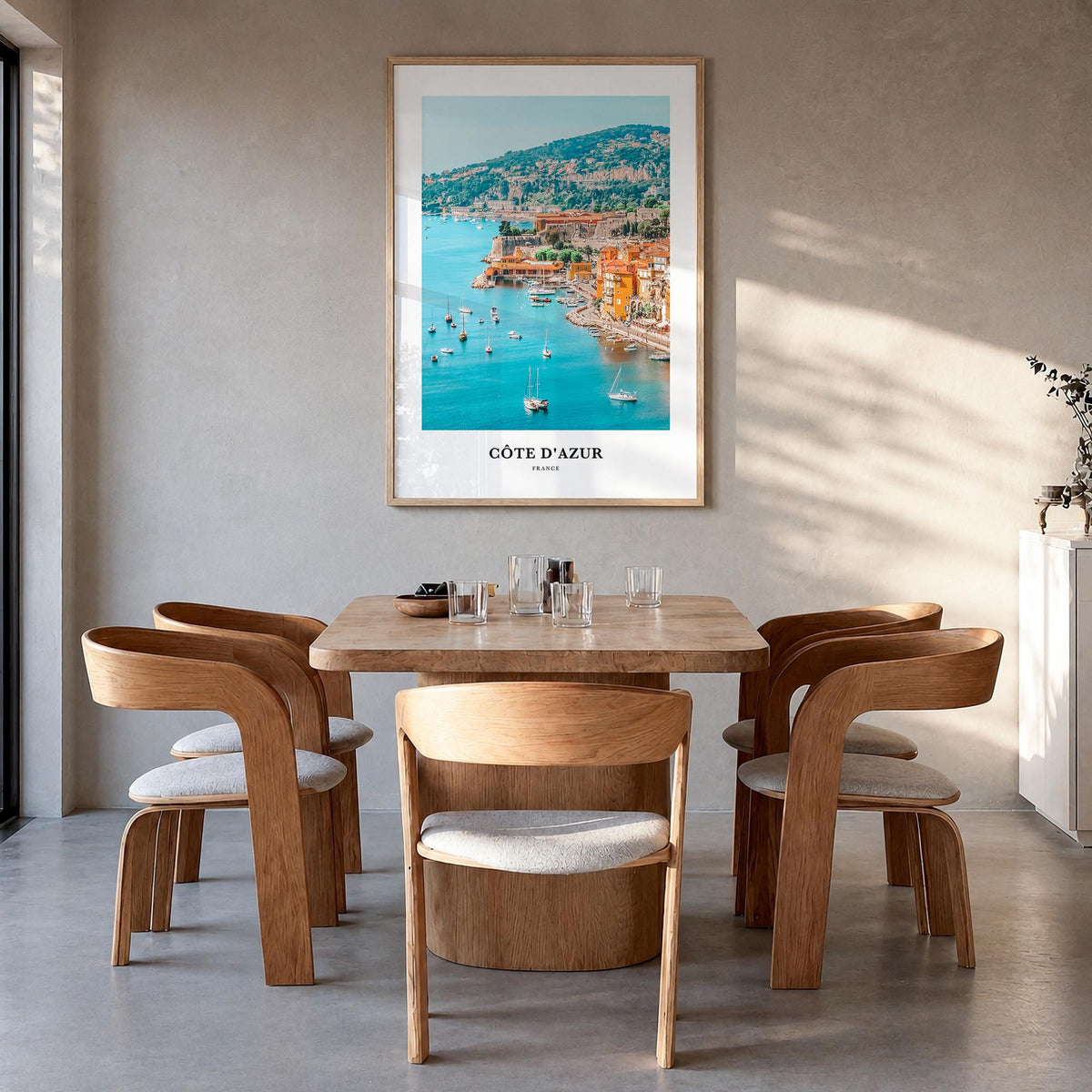 Côte d'Azur no. 2 colorful classic poster of France – vertical wall art in natural wood frame, hanging on wall