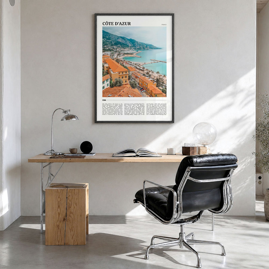 Côte d'Azur Travel No 1 Poster in a black wood frame, hanging in a bright home office