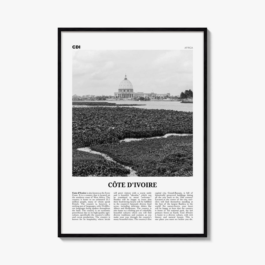 Côte d'Ivoire black & white newspaper poster of Africa – vertical wall art, unframed print shown in interior mockup