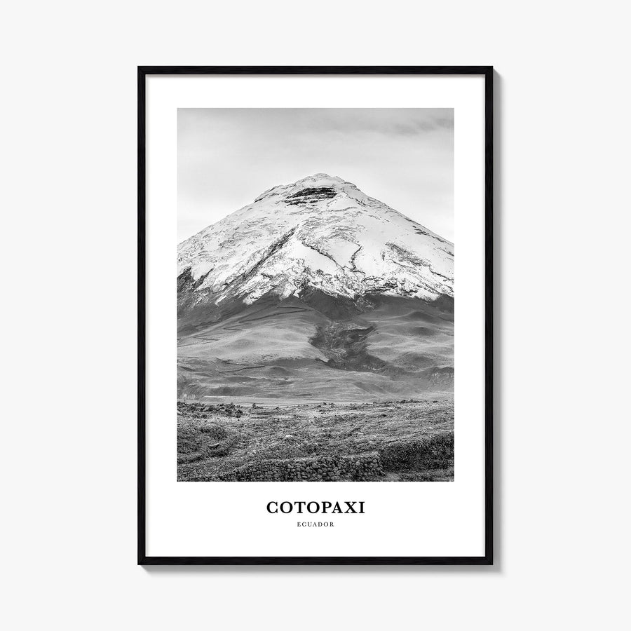 Cotopaxi black & white classic poster of Ecuador – vertical wall art, unframed print shown in interior mockup