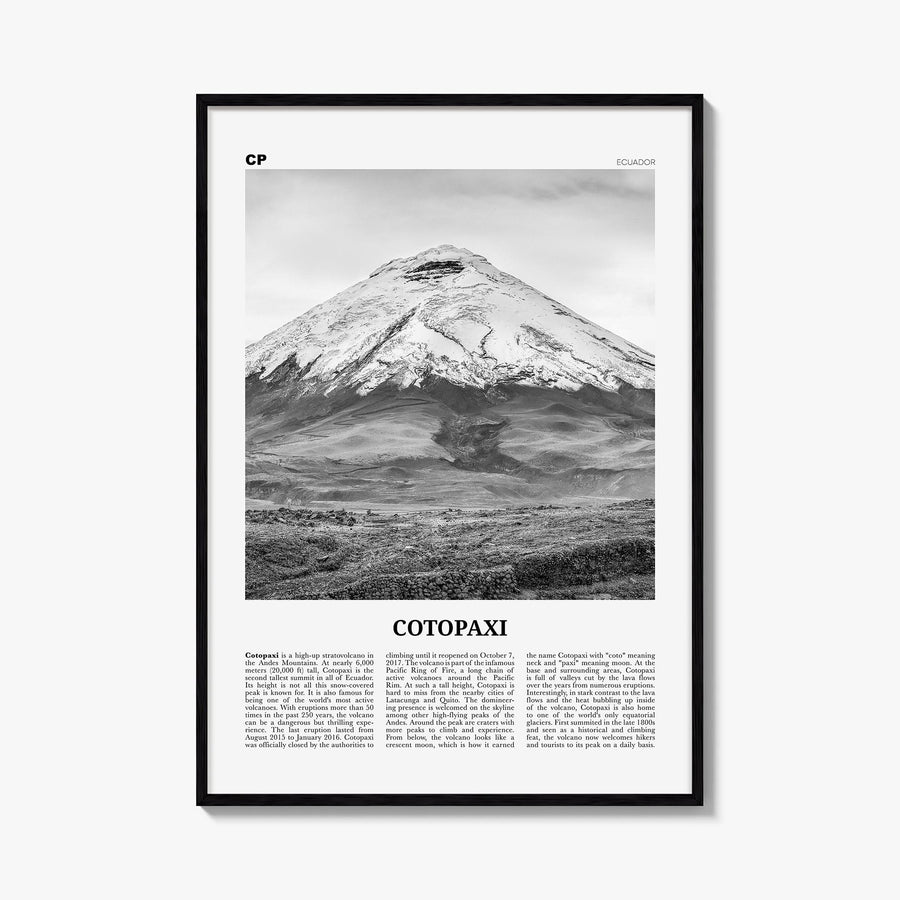 Cotopaxi black & white newspaper poster of Ecuador – vertical wall art, unframed print shown in interior mockup