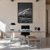 Cotopaxi black & white photo poster of Ecuador – vertical wall art in black wood frame, hanging on wall