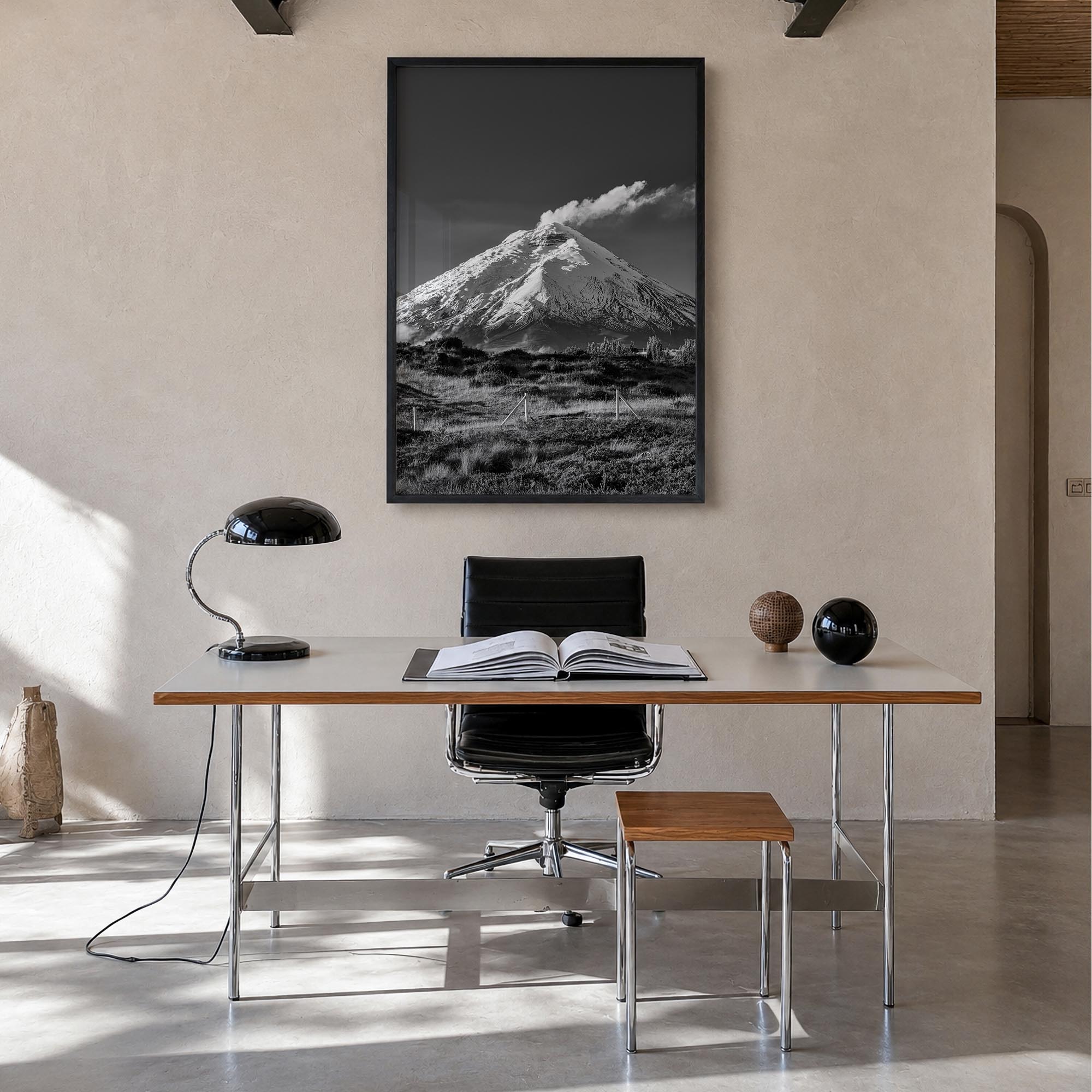 Cotopaxi black & white photo poster of Ecuador – vertical wall art in black wood frame, hanging on wall