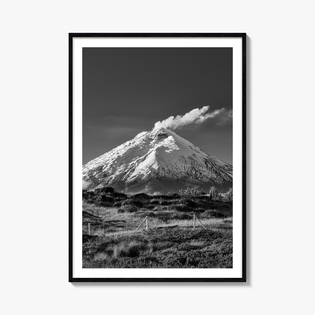 Cotopaxi black & white photo poster of Ecuador – vertical wall art, unframed print shown in interior mockup