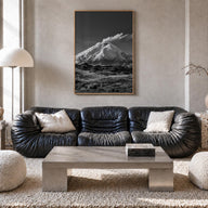 Cotopaxi black & white photo poster of Ecuador – vertical wall art in natural wood frame, hanging on wall