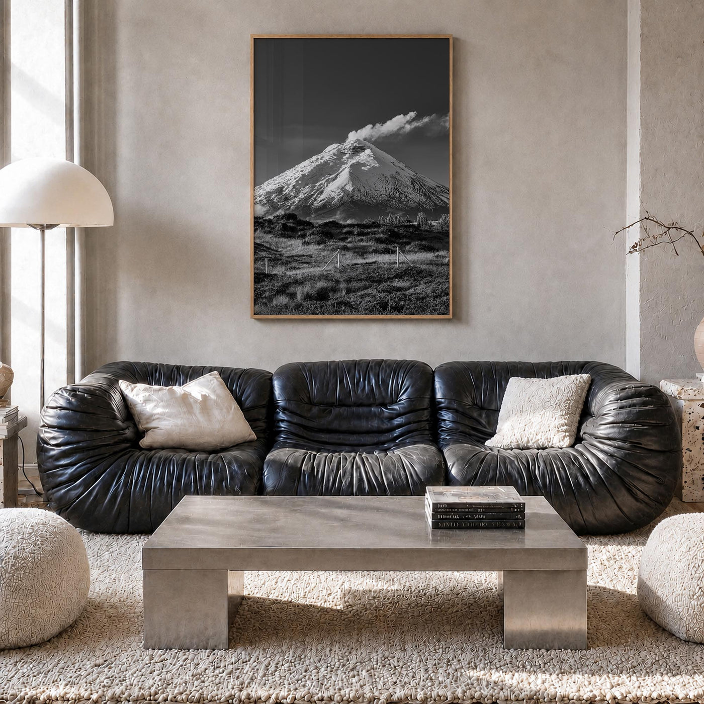 Cotopaxi black & white photo poster of Ecuador – vertical wall art in natural wood frame, hanging on wall