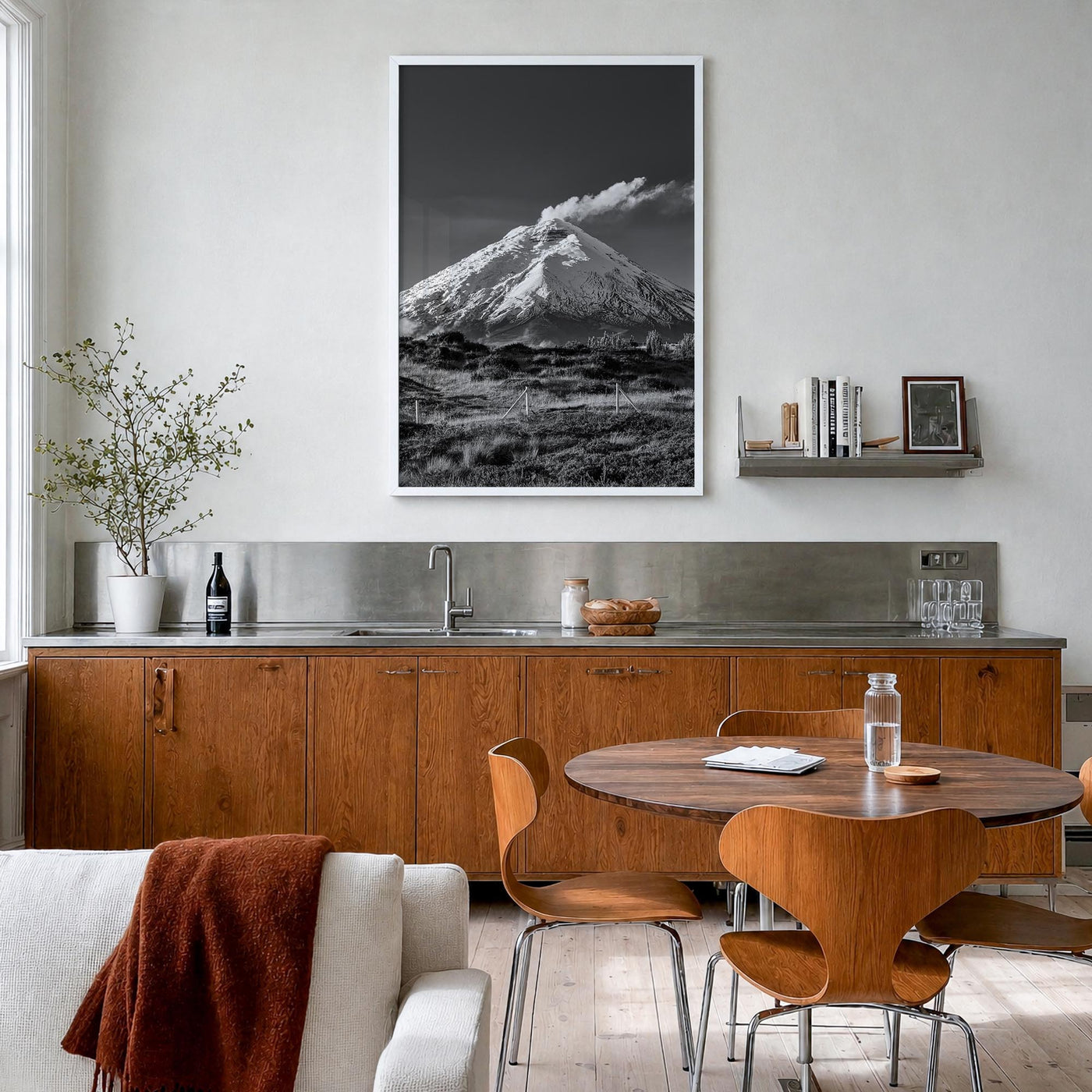 Cotopaxi black & white photo poster of Ecuador – vertical wall art in white wood frame, hanging on wall