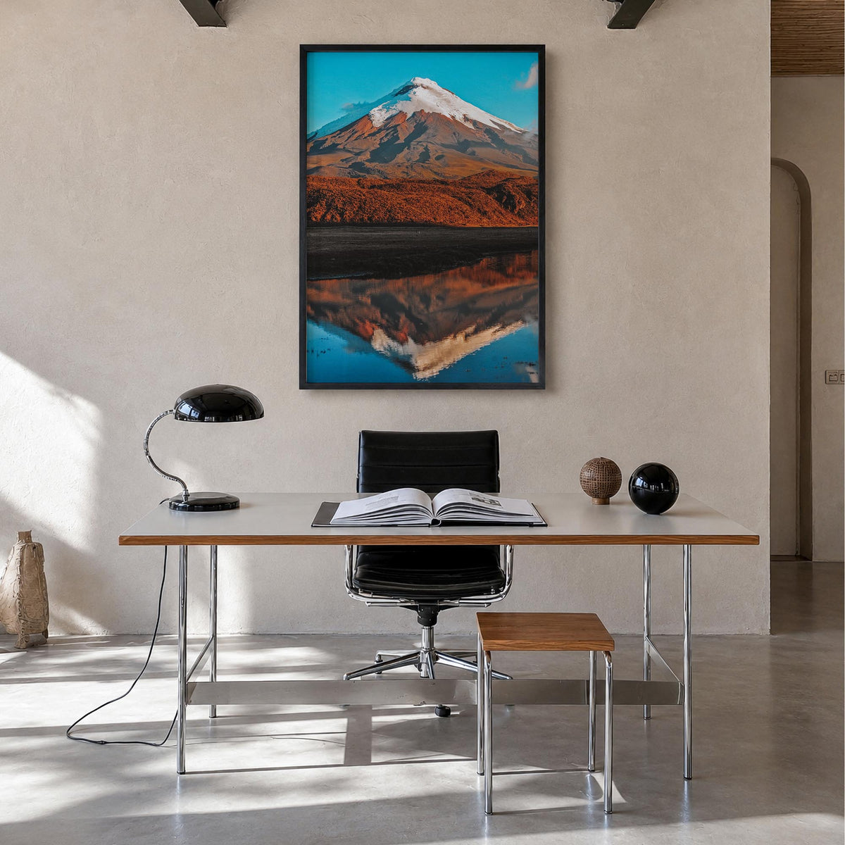 Cotopaxi colorful photo poster of Ecuador – vertical wall art in black wood frame, hanging on wall