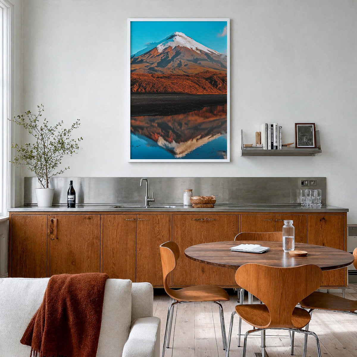 Cotopaxi colorful photo poster of Ecuador – vertical wall art in white wood frame, hanging on wall
