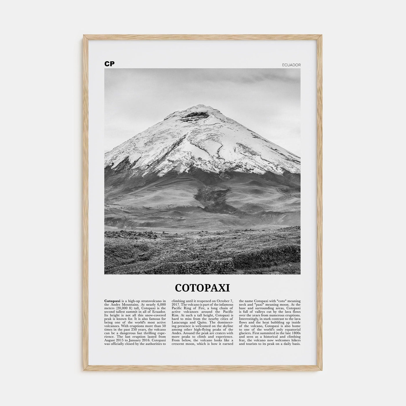 Cotopaxi Poster Natural Wood / 8x12 in Nbourhood Travel B&W Poster