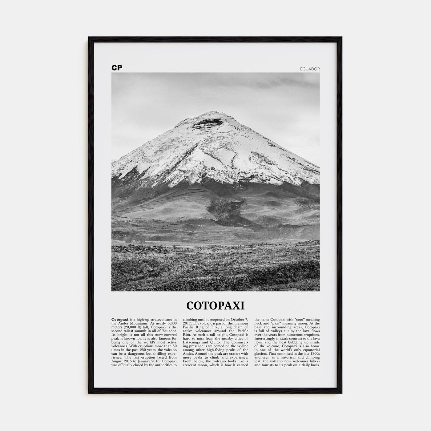 Cotopaxi Poster Black Wood / 8x12 in Nbourhood Travel B&W Poster