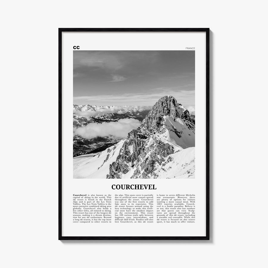 Courchevel black & white newspaper poster of France – vertical wall art, unframed print shown in interior mockup