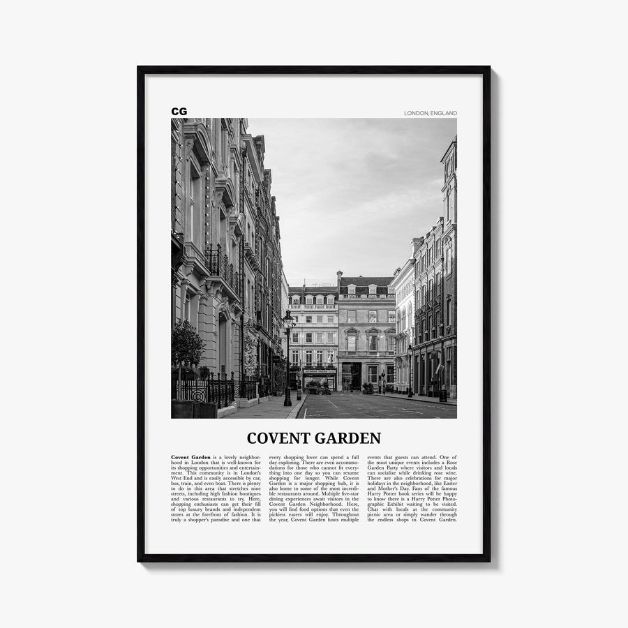 Covent Garden black & white newspaper poster of London, England – vertical wall art, unframed print shown in interior mockup