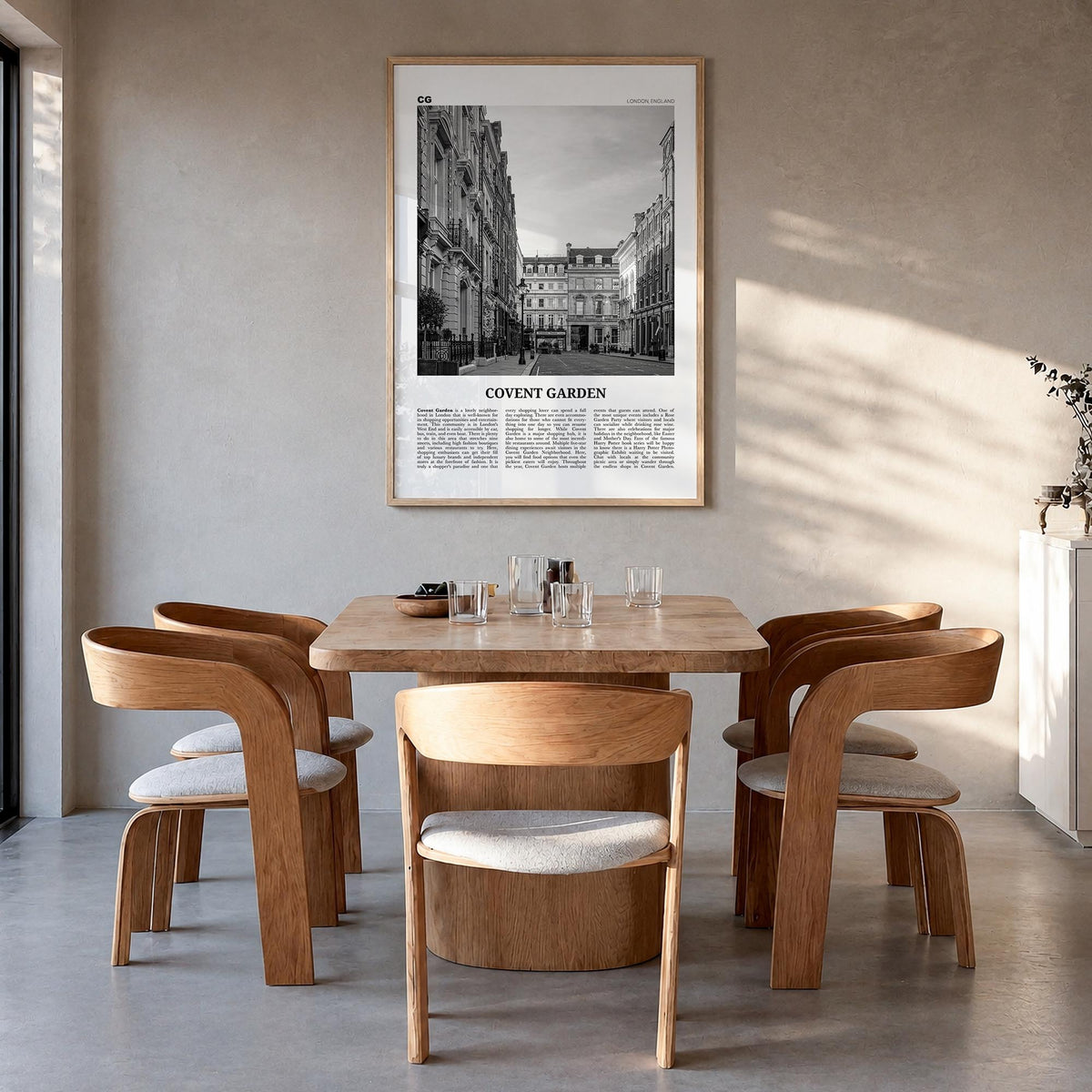 Covent Garden black & white newspaper poster of London, England – vertical wall art in natural wood frame, hanging on wall