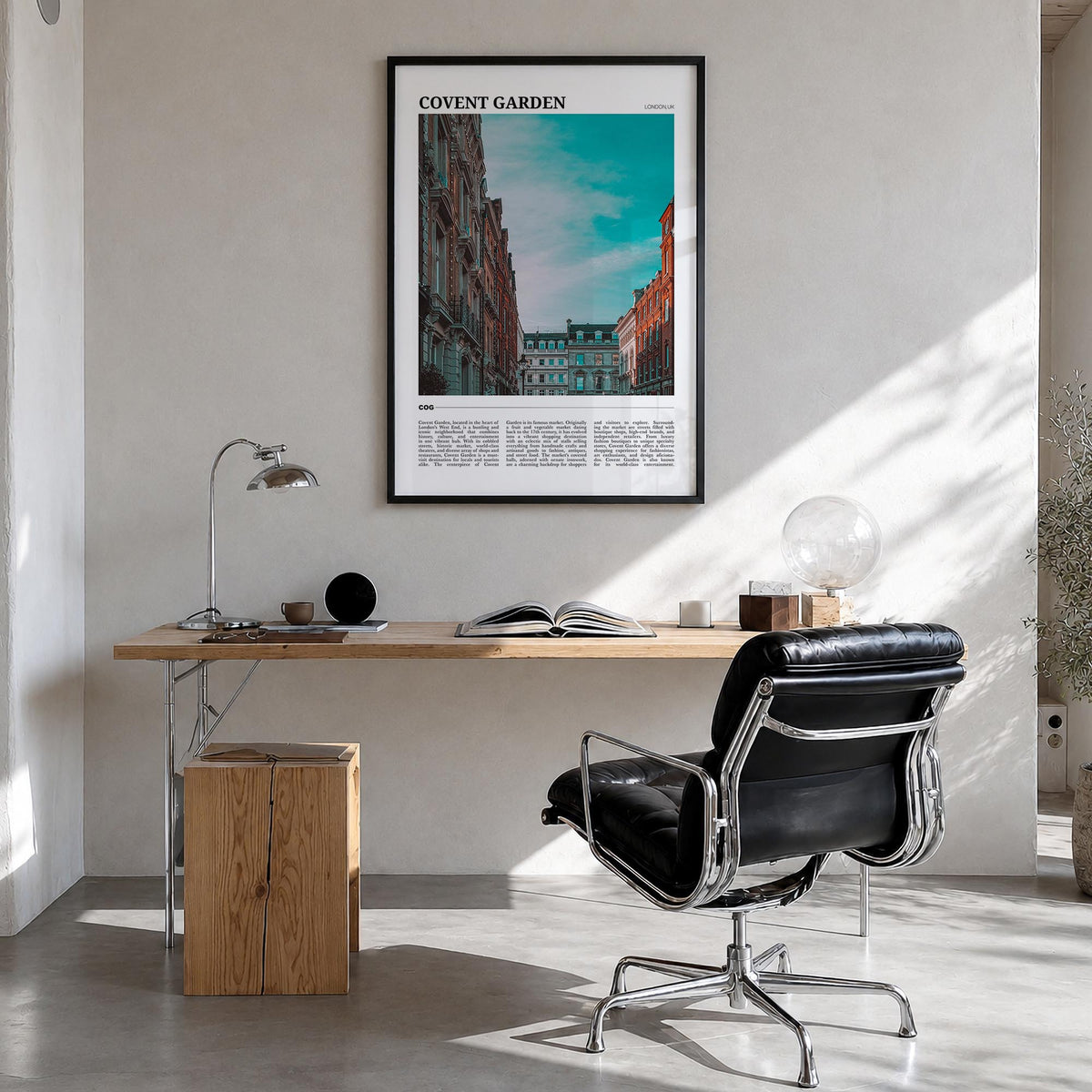 Covent Garden colorful travel poster of London, England – vertical wall art in black wood frame, hanging on wall