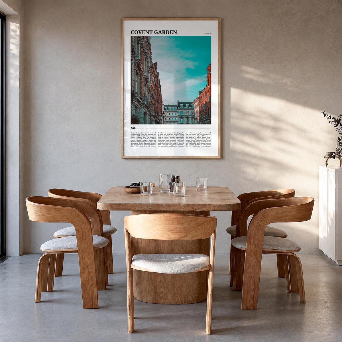 Covent Garden colorful travel poster of London, England – vertical wall art in natural wood frame, hanging on wall