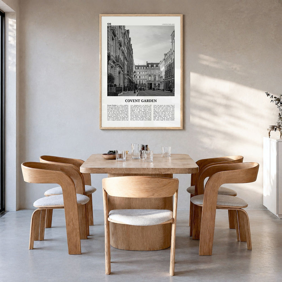 Covent Garden Newspaper Poster in a natural wood frame, hanging in a dining room