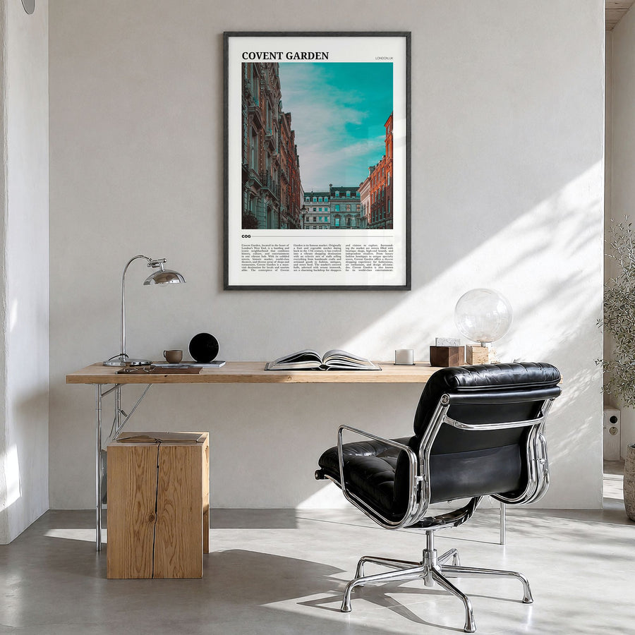 Covent Garden Travel Poster in a black wood frame, hanging in a bright home office