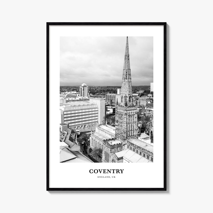 Coventry black & white classic poster of United Kingdom – vertical wall art, unframed print shown in interior mockup