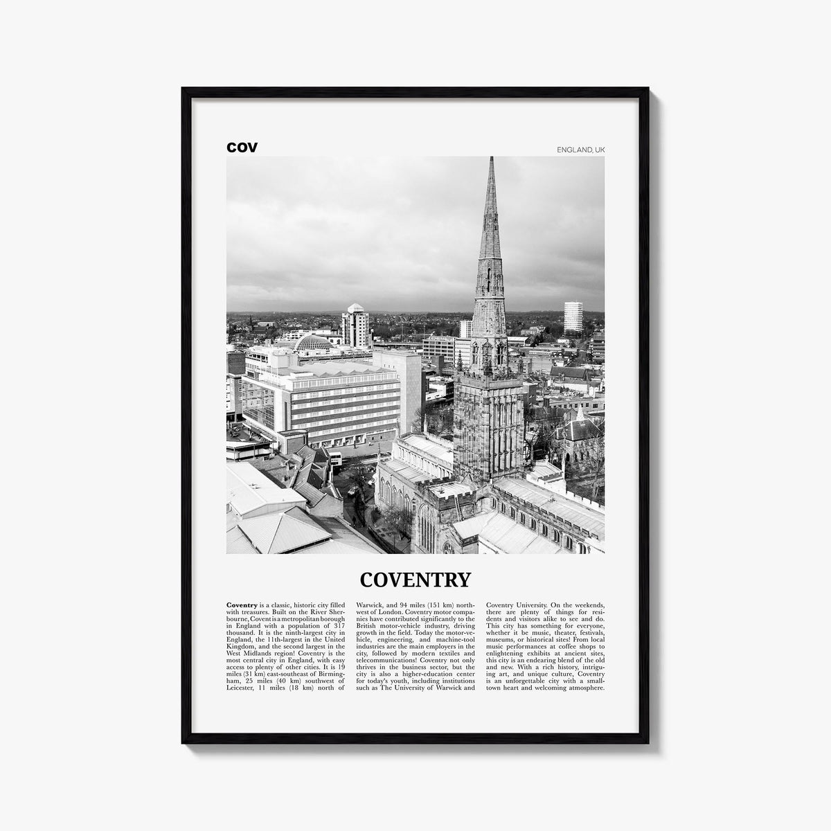 Coventry black & white newspaper poster of United Kingdom – vertical wall art, unframed print shown in interior mockup
