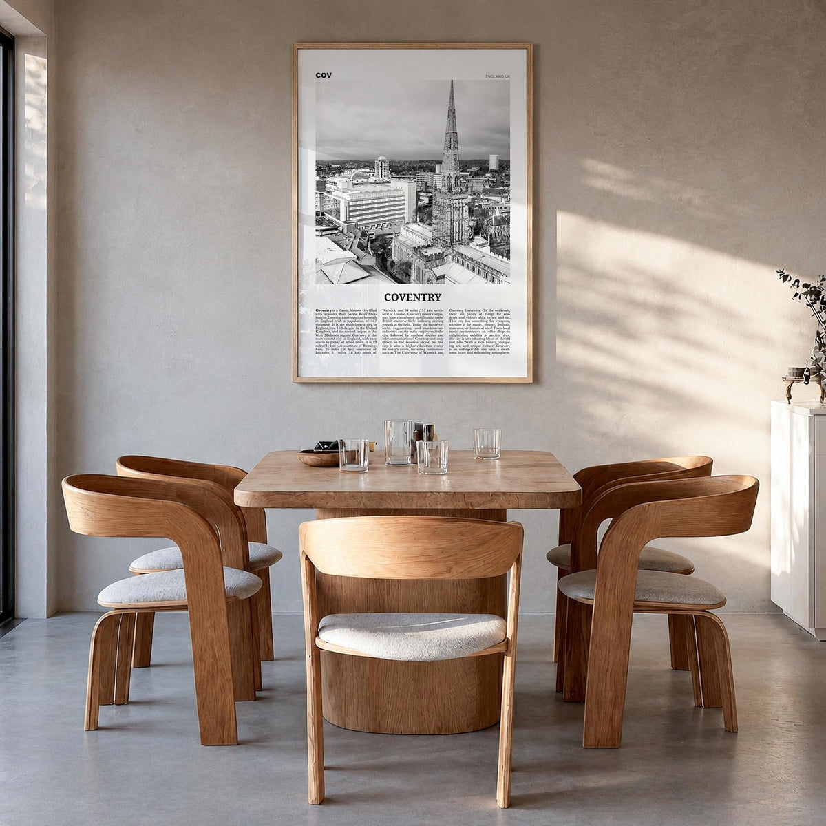 Coventry black & white newspaper poster of United Kingdom – vertical wall art in natural wood frame, hanging on wall