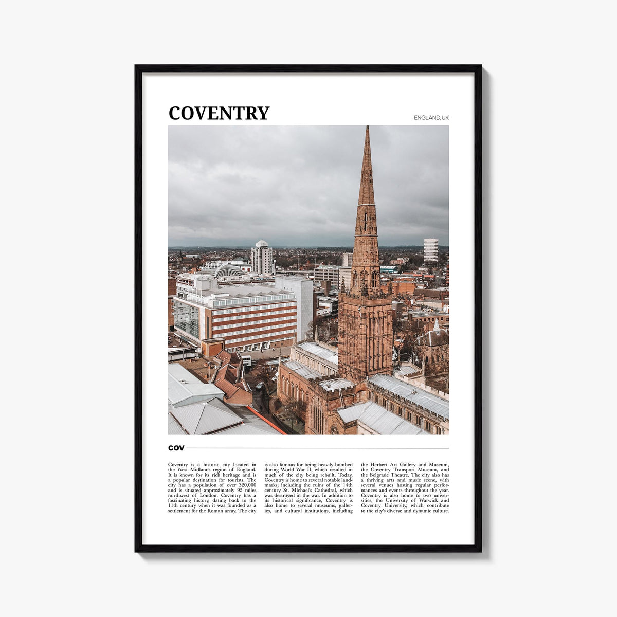 Coventry colorful travel poster of United Kingdom – vertical wall art, unframed print shown in interior mockup