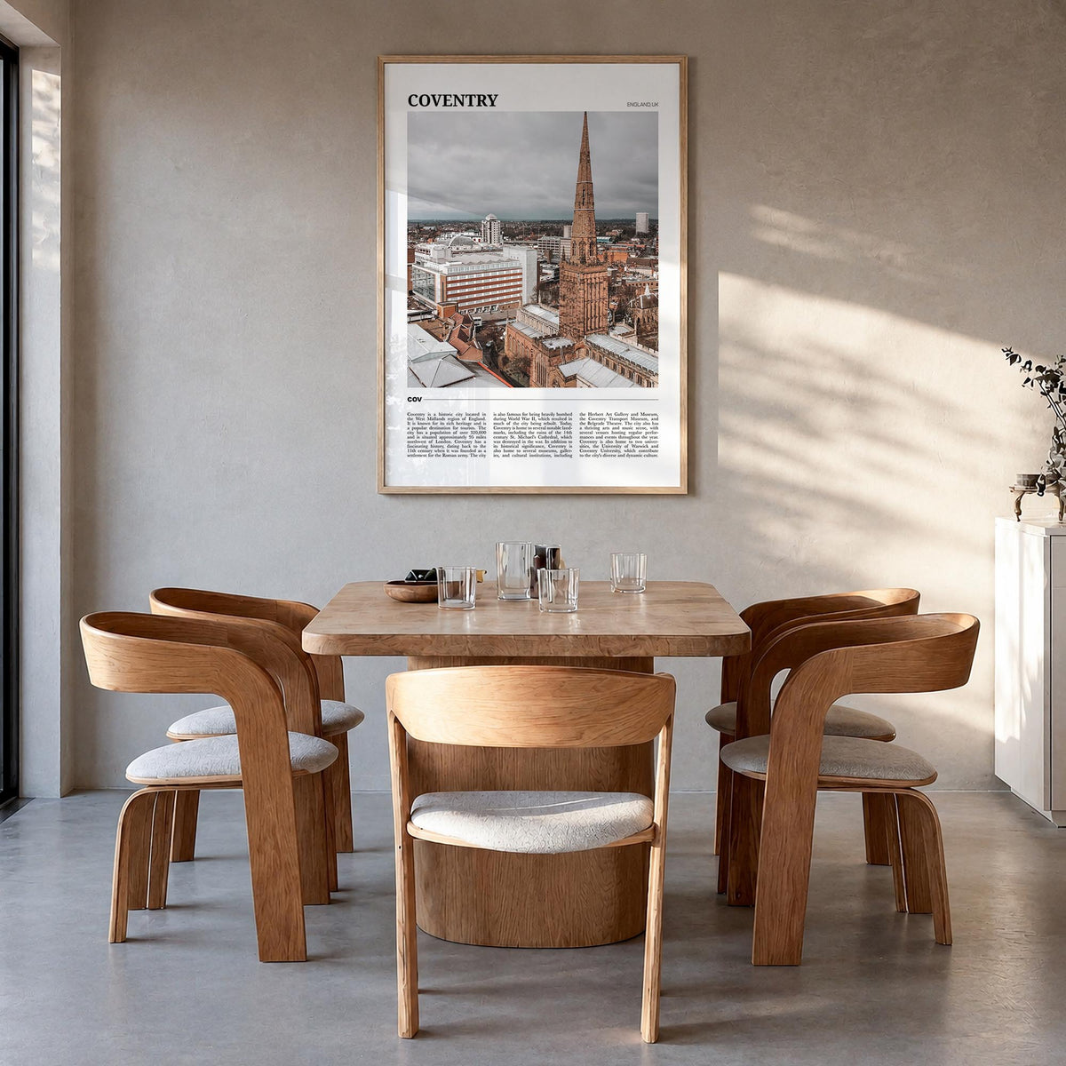 Coventry colorful travel poster of United Kingdom – vertical wall art in natural wood frame, hanging on wall