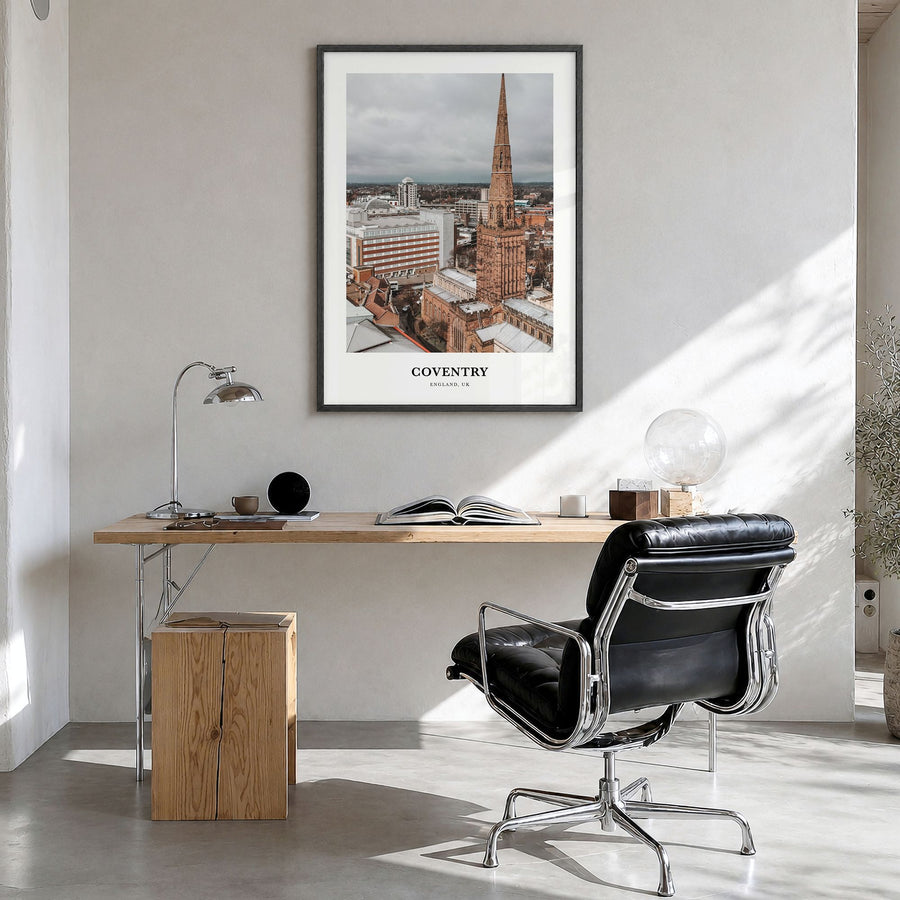 Coventry Classic Poster in a black wood frame, hanging in a bright home office