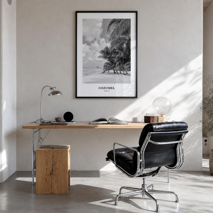 Cozumel black & white classic poster of Mexico – vertical wall art in black wood frame, hanging on wall