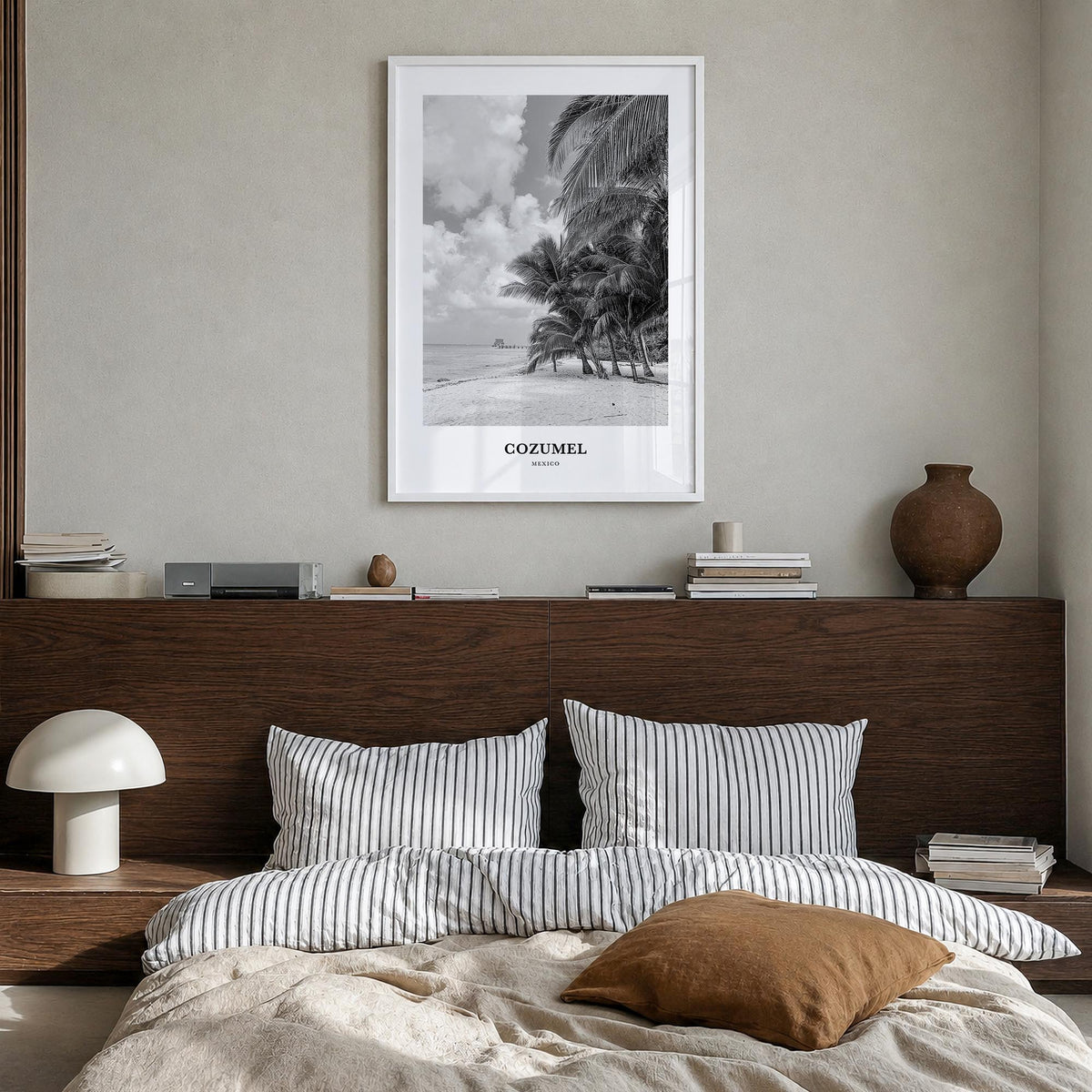 Cozumel black & white classic poster of Mexico – vertical wall art in white wood frame, hanging on wall