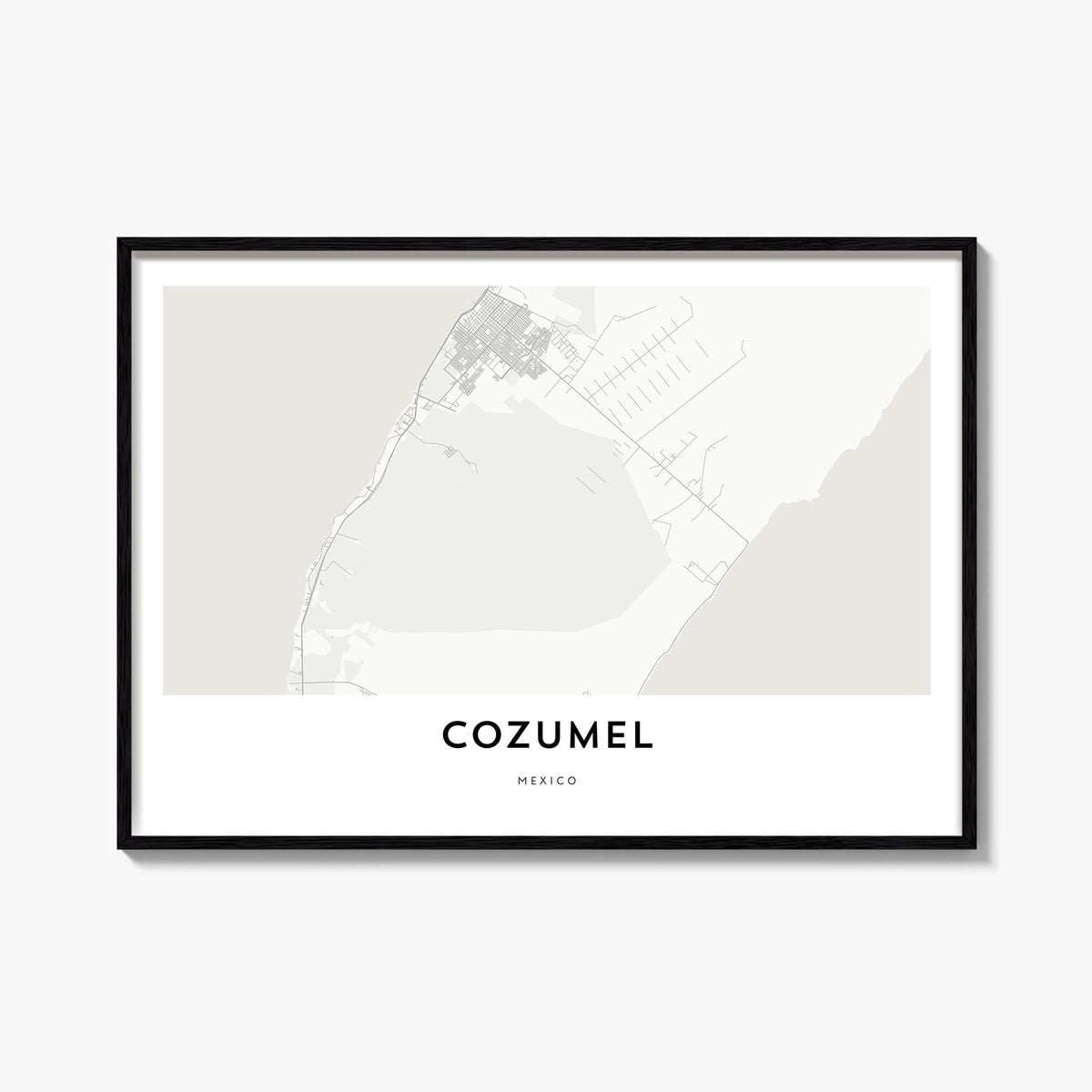 Cozumel black & white map poster of Mexico – horizontal wall art, unframed print shown in interior mockup
