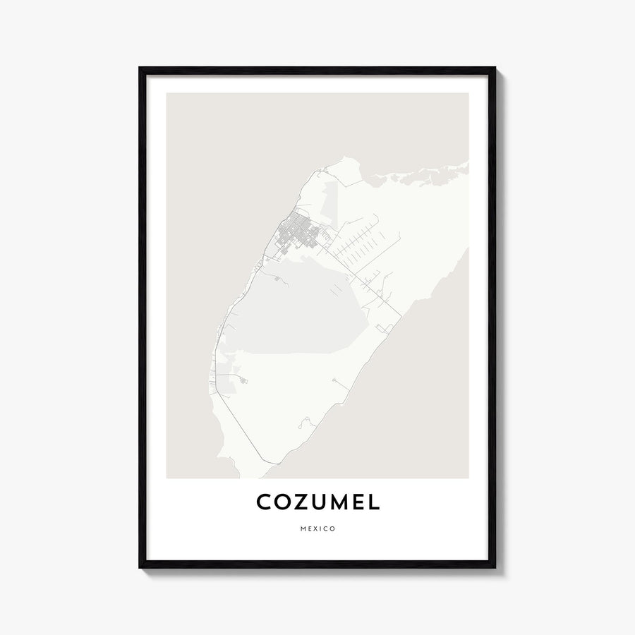 Cozumel black & white map poster of Mexico – vertical wall art, unframed print shown in interior mockup