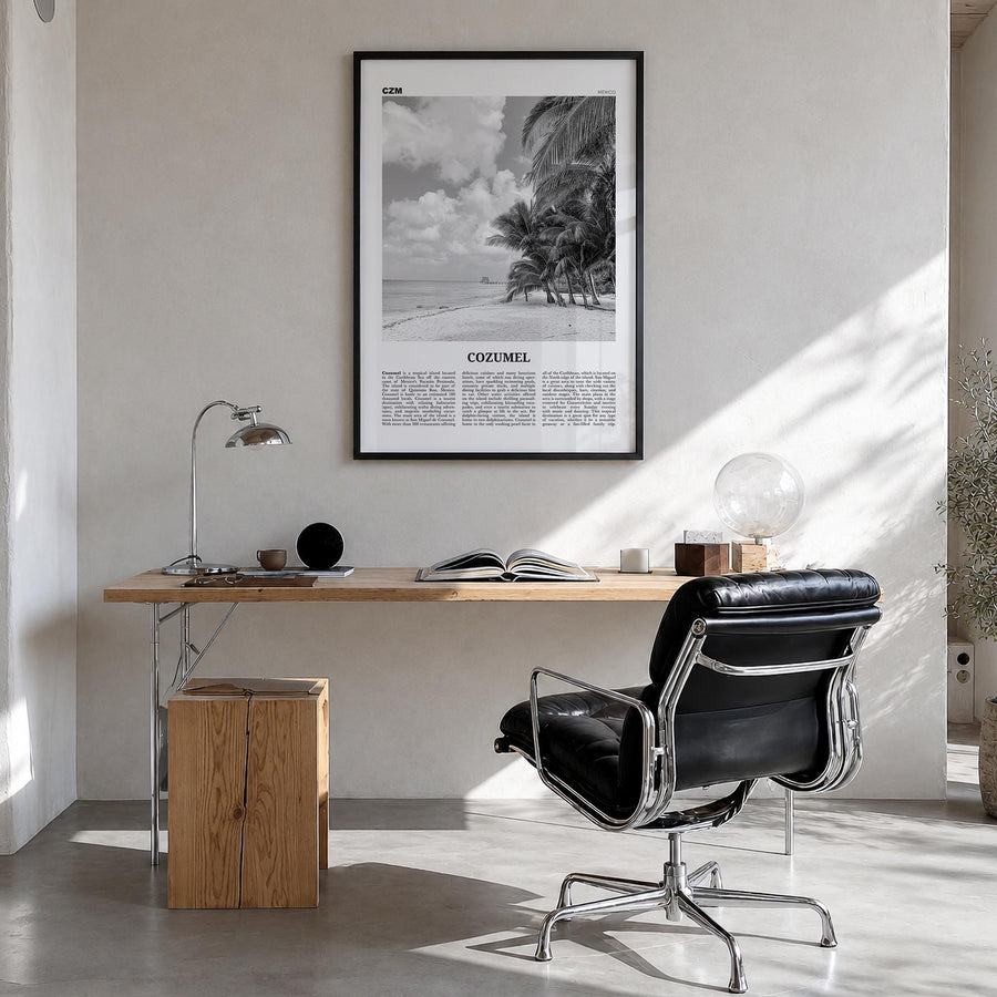 Cozumel black & white newspaper poster of Mexico – vertical wall art in black wood frame, hanging on wall