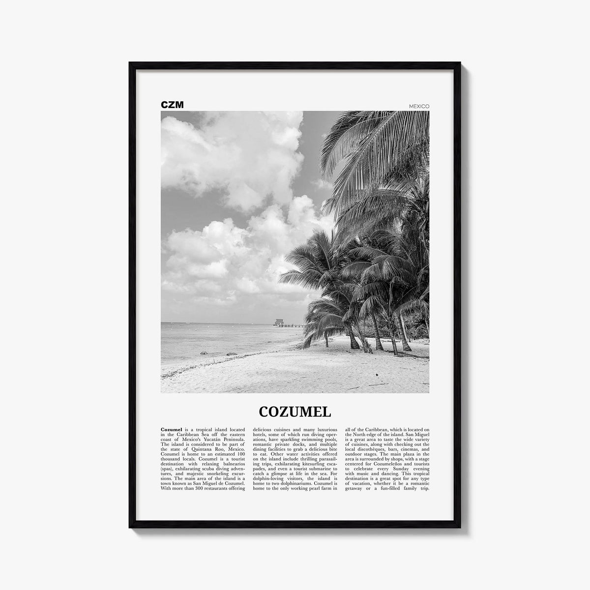 Cozumel black & white newspaper poster of Mexico – vertical wall art, unframed print shown in interior mockup