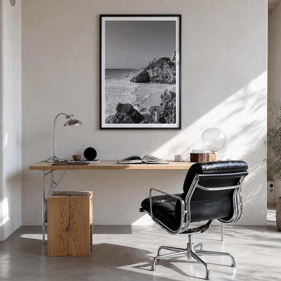 Cozumel black & white photo poster of Mexico – vertical wall art in black wood frame with white border, hanging on wall