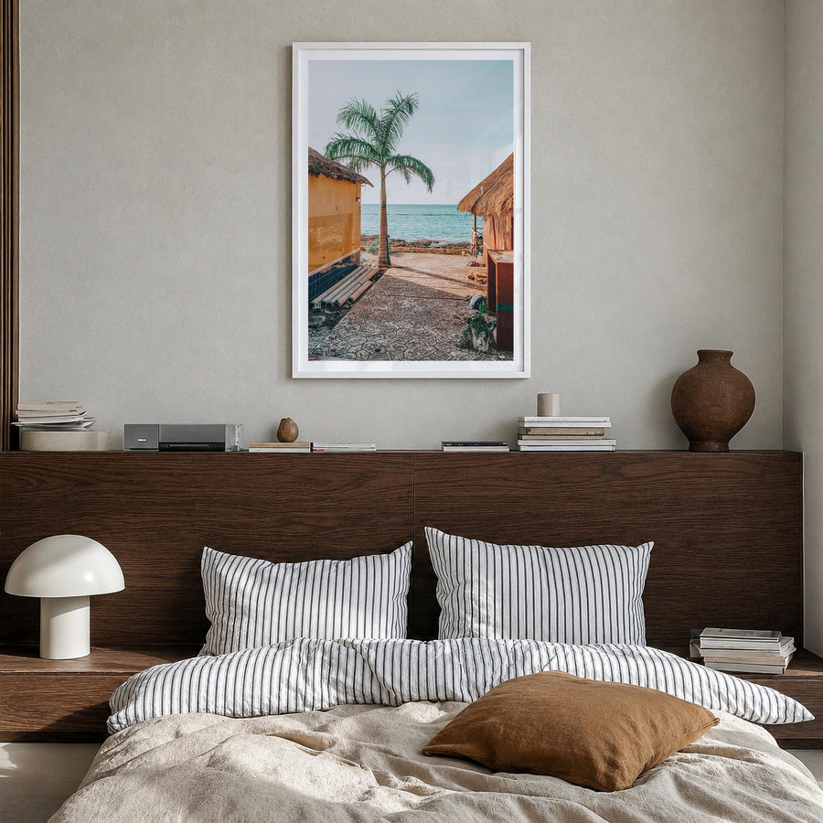 Cozumel no. 1 colorful photo poster of Mexico – vertical wall art in white wood frame with white border, hanging on wall