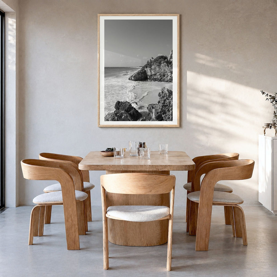 Cozumel Photo Poster in a natural wood frame, hanging in a dining room, white border