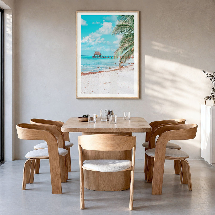 Cozumel Photo No 1 Poster in a natural wood frame, hanging in a dining room, white border