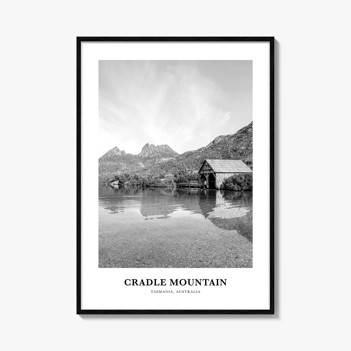 Cradle Mountain black & white classic poster of Tasmania, Australia – vertical wall art, unframed print shown in interior moc