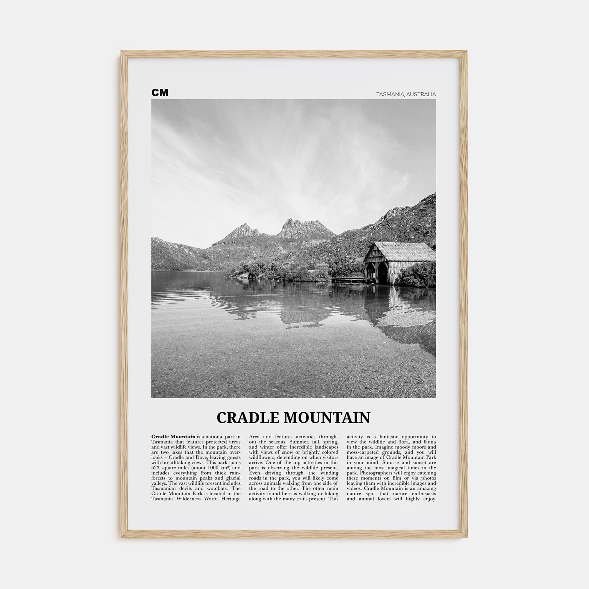 Cradle Mountain Poster Natural Wood / 8x12 in Nbourhood Travel B&W Poster