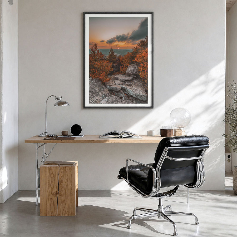 Cragsmoor Photo Poster in a black wood frame, hanging in a bright home office, white border