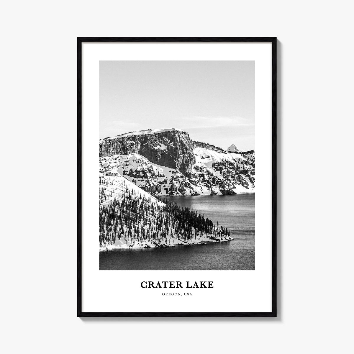 Crater Lake black & white classic poster of Oregon, USA – vertical wall art, unframed print shown in interior mockup