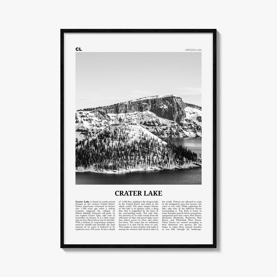 Crater Lake black & white newspaper poster of Oregon, USA – vertical wall art, unframed print shown in interior mockup