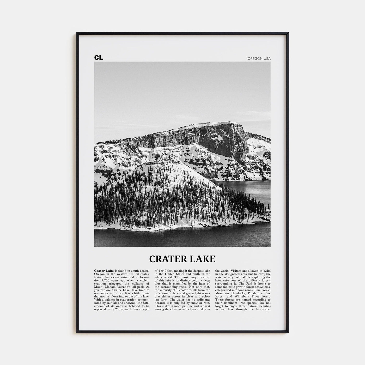 Crater Lake Poster None / 8x12 in Nbourhood Travel B&W Poster