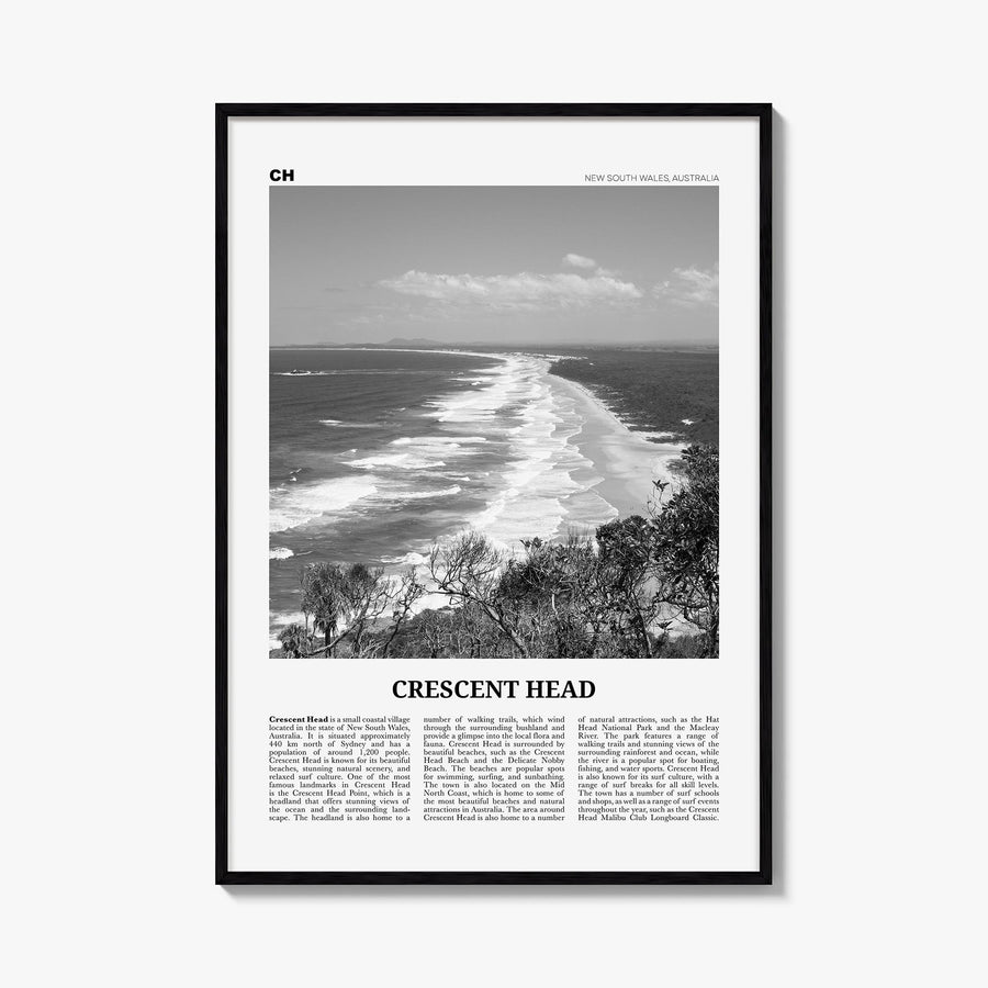 Crescent Head black & white newspaper poster of Australia – vertical wall art, unframed print shown in interior mockup