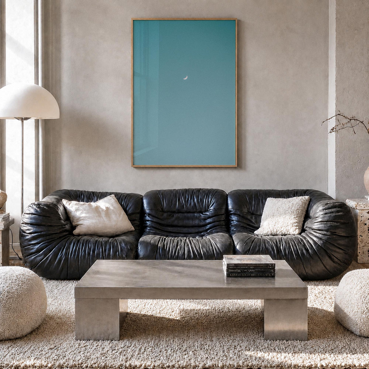 Crescent Moon no. 1 colorful photo poster – vertical wall art in natural wood frame, hanging on wall